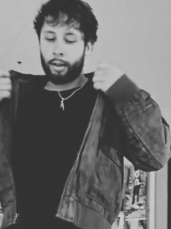 Jacket on, in black and white